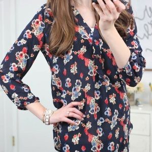 Navy Floral Print Silk Blouse